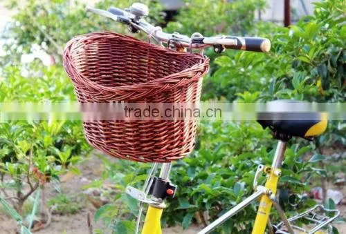brown colored wicker bicycle bike basket in front bike
