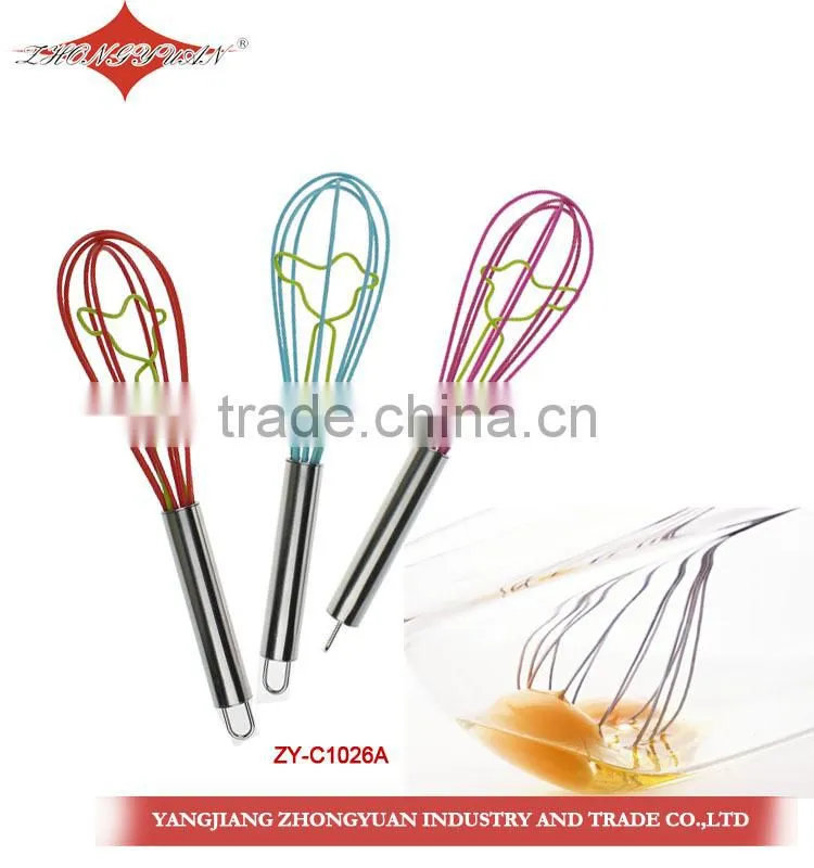 Food grade egg tool silicone coated head wires egg whisk with plastic handle