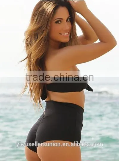 Solid Black Modern Fit Bandeau Top Classic High Waisted Shorts Bikini