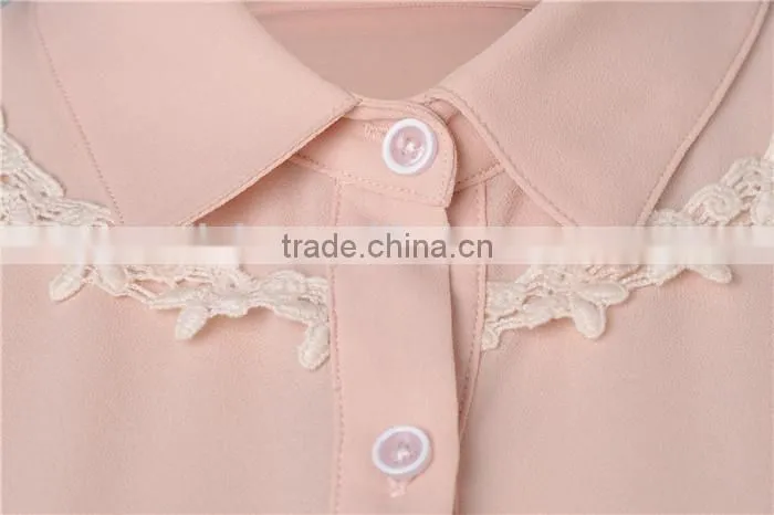 cute lace designed pink 2015 new design chiffon lady blouse/woman blouse