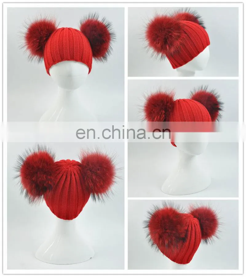 Wholesale Fashion Cheap kids Knitted Hats Real Fur Two Poms Kids Hat Winter