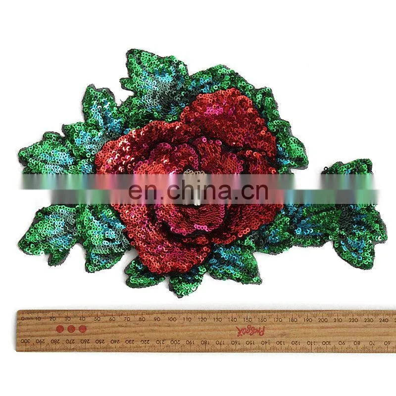 Fashion Red Rose Green Flower Sequined Patch Sew on Clothes