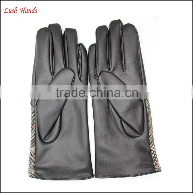 ladies high-quality black leather gloves with checked cloth handback