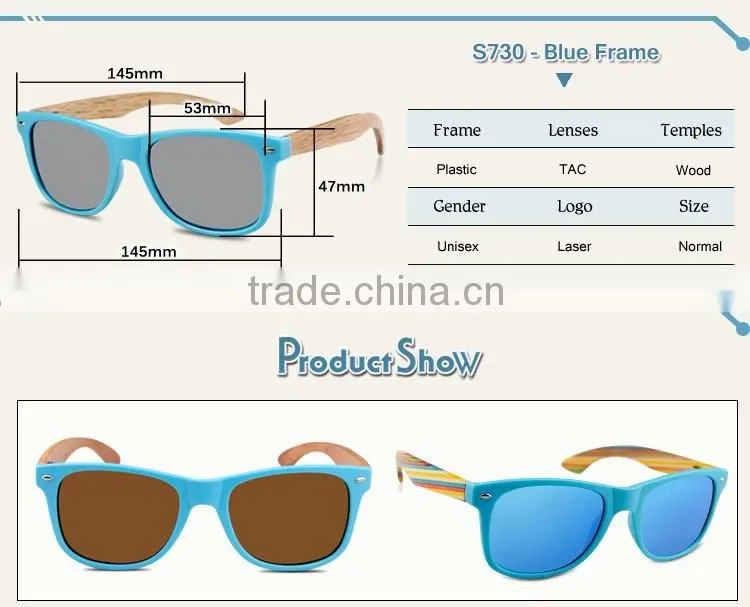 2015 Plastic frame with bamboo pins sunglasses customized with logo for free with polarized lenses