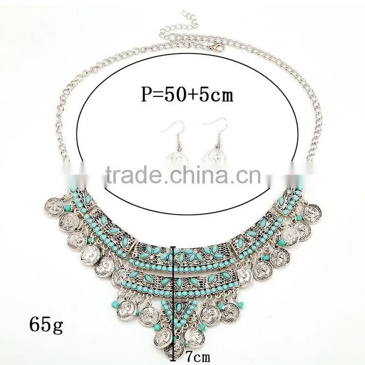 2016 Gypsy Bohemian Jewelry Set Vintage Turquoise Beauty Head Silver Coin Jewelry Set