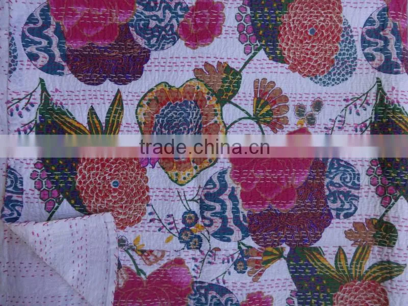 Tropical Kantha Quilt, Handmade Fruit Print Kantha Bedding, Decorative Kantha Work, Indian Cotton Bedspread / Bed Sheet