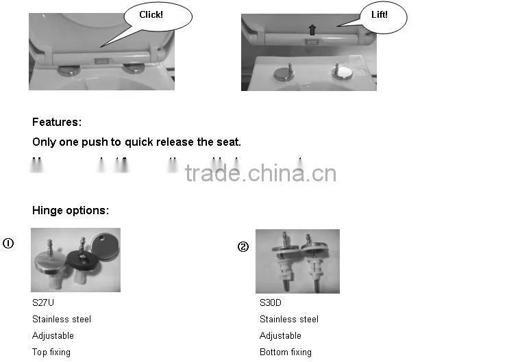 Bathroom toilet seat with slow close and quick release for most EU standard WC pans made in China