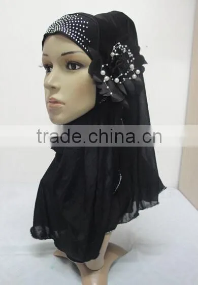 H289 latest one piece instant hijab with flower and rhinestones