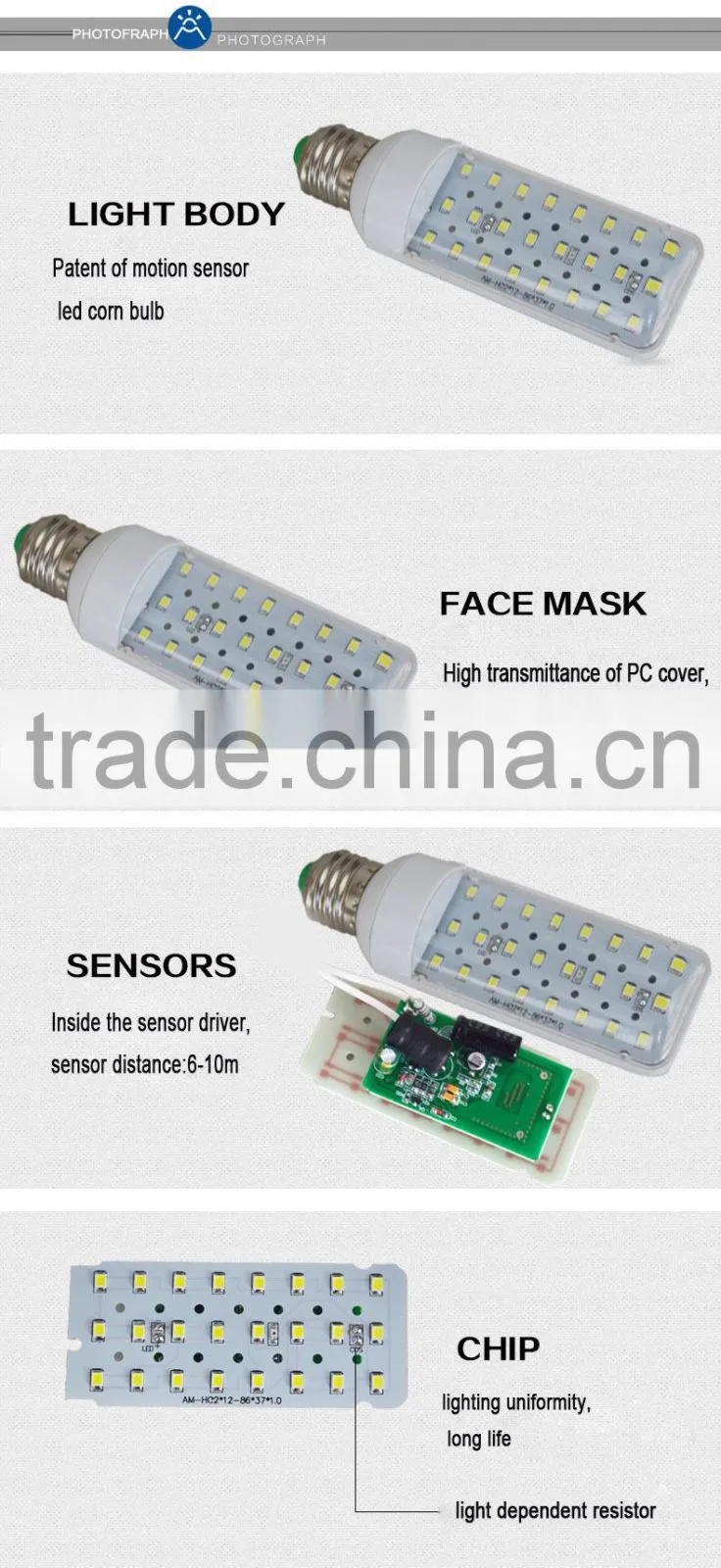 Radar motion sensor 5w LED corn light cct 2700-6500k anti-glare residential lighting