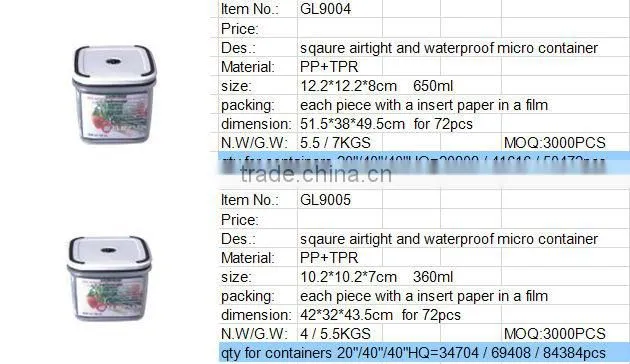 1700ml BPA free square airtight food storage container GL9002