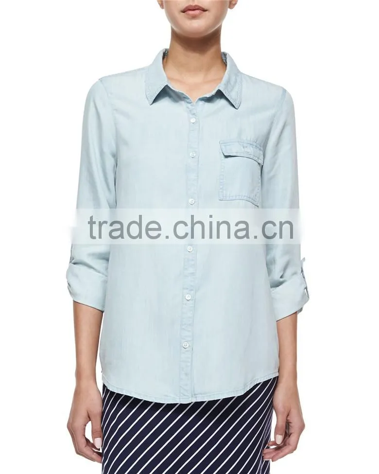 Top selling ladies 2015 summer long sleeve chambray denim shirt for women SYA15361