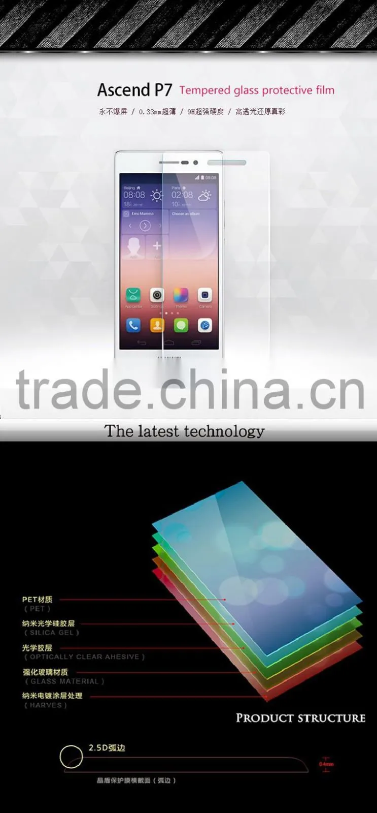 Newest premium tempered glass screen protector huawei ascend P7 screen protector huawei ascend P6/P7 paypal accept (OEM / ODM)