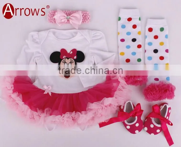 4Pcs Set Baby Newborns 2016 Summer Cotton Long Sleeve Bodysuit High-heeled Shoes Print Ruffles Baby Girl Clothing Sets