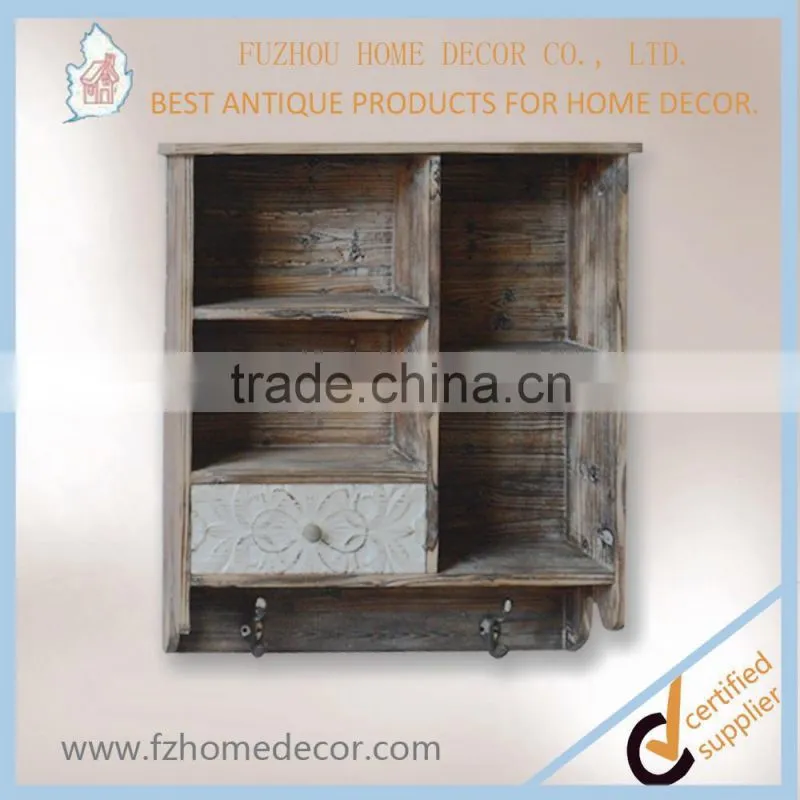 Wooden hexagon wall shelf with metal mesh /chrome wire shadow box