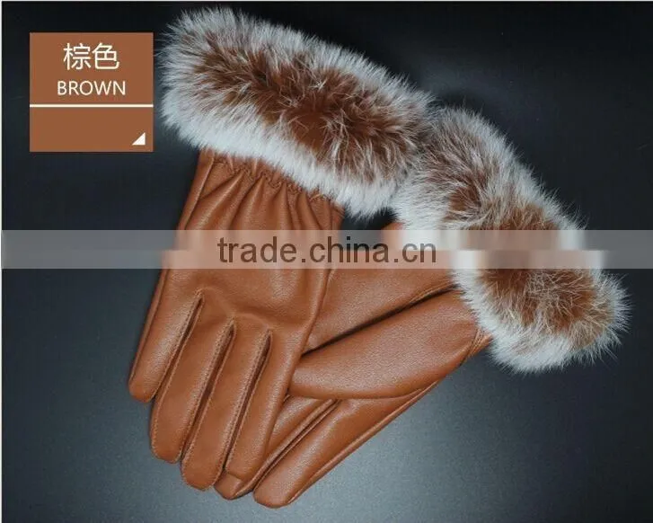 2015 Fashion Winter Leather Gloves Women Fur Gloves Ladies Leather Gloves