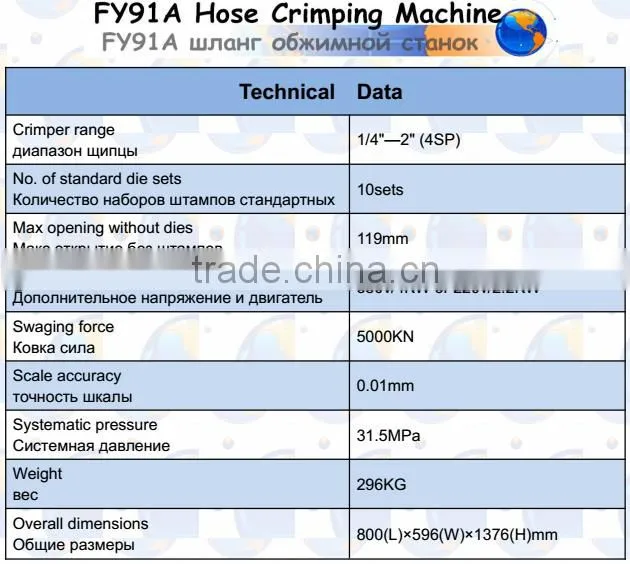 FY91A 1/4" to 2" 4 wires wheel loader type hydraulic crimping hose machine fitting