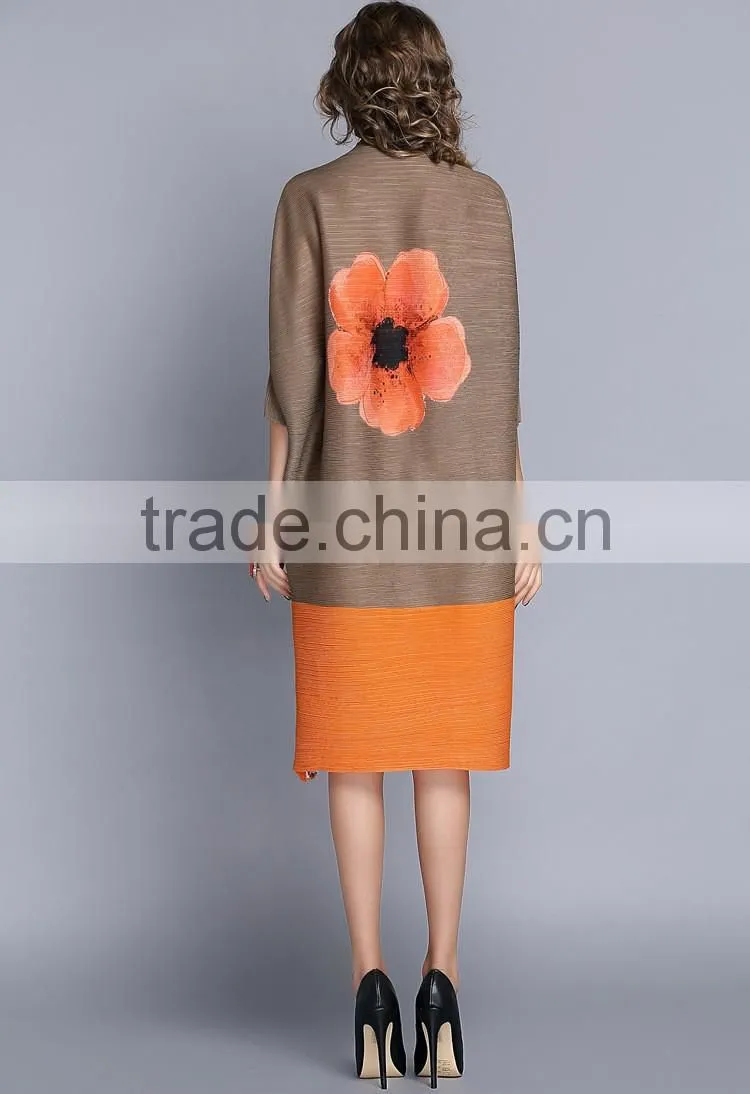 Latest design woman button flower printed crinkled dress