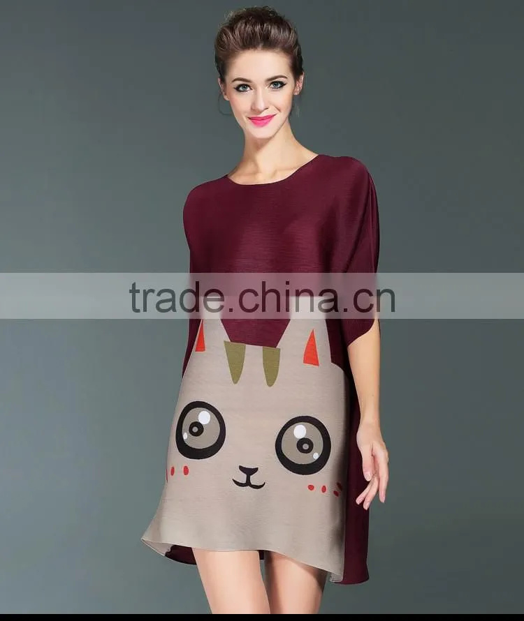 Lovely cat print women loose custom design casual dress
