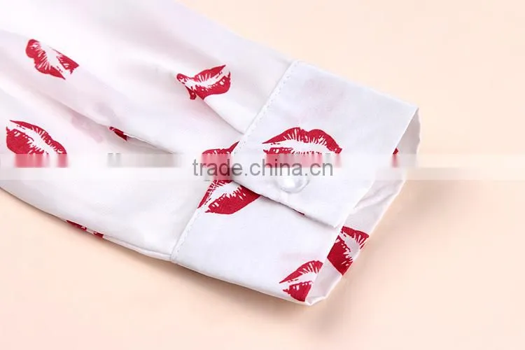 2015 Newest Hot sell Best summer fashion Lip prints t shirt ladies blouse designs women shirt with long sleeve