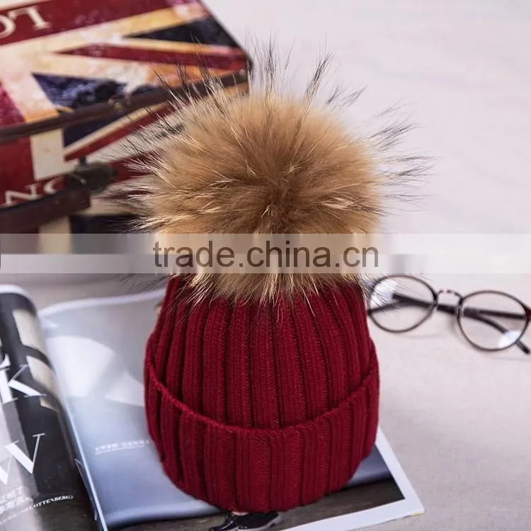 Women Beanies with Fox Fur Pompom Genuine Fur Ball Ski Cap Bobble Hat 15cm Fluffy