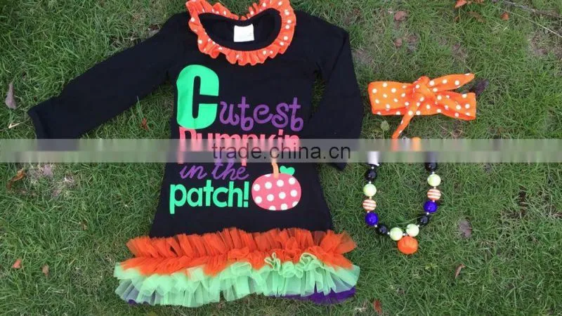 NEWEST kids black dress girls pumpkin dress girls halloween dress pumpkin in the patch dress with necklace and headband