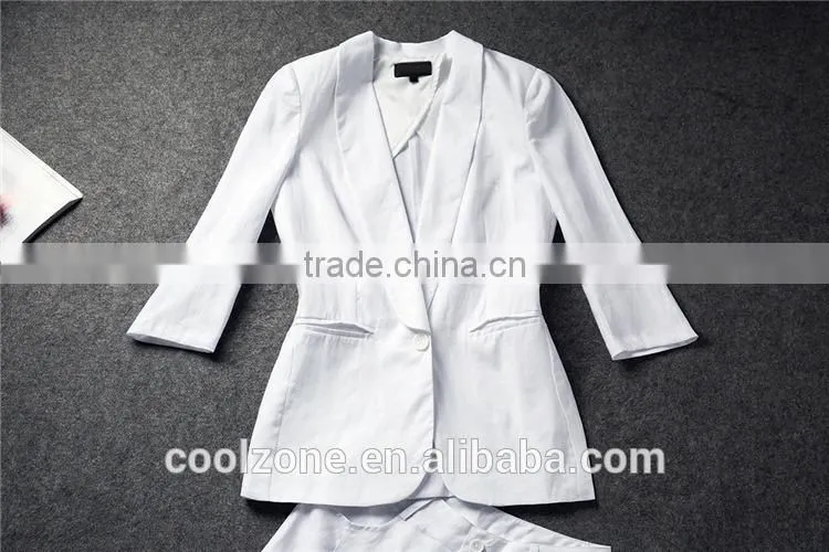 2014 summer cotton/linen ladies two pieces short sleeve blazer and middle pants set women office business suit