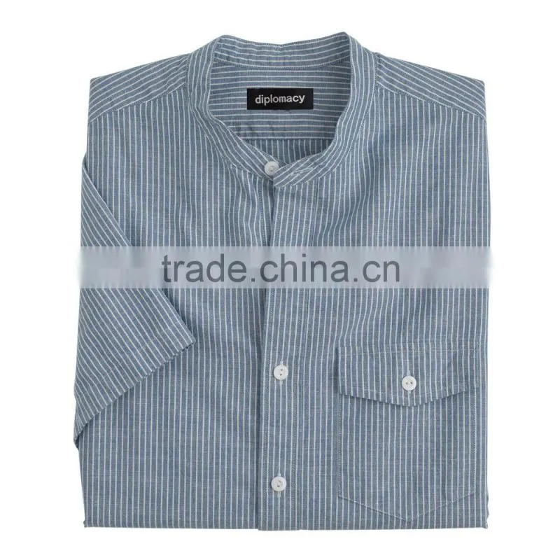 2015 classic fit short sleeve stand collar shirt in deep cove stripe classic design hot sell custom striped shirt