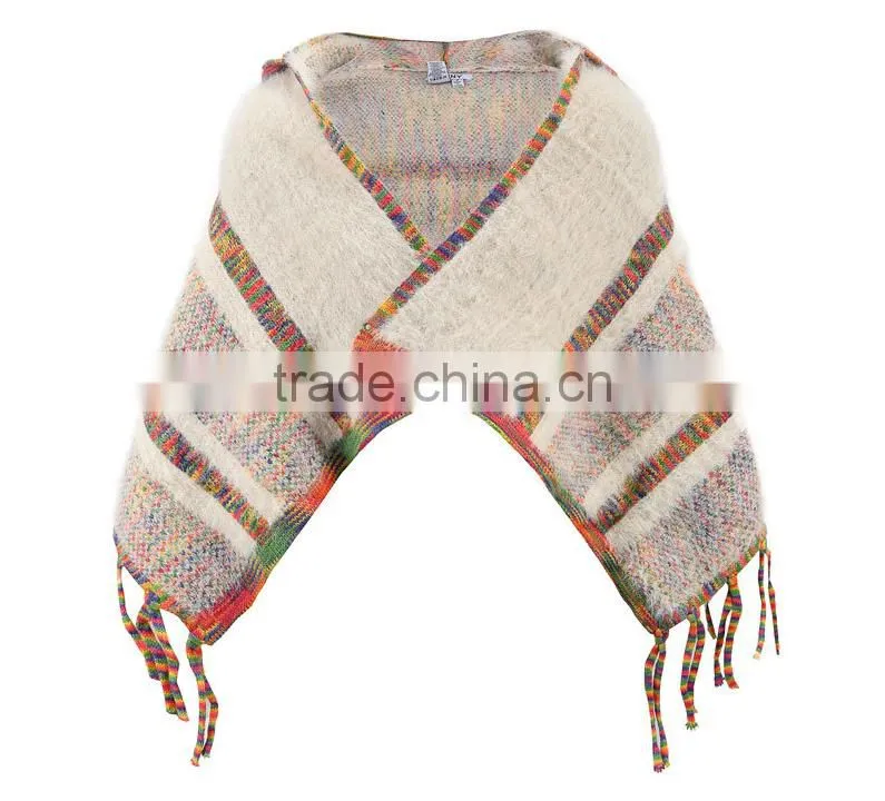 Fashionable Girl Knitting Poncho With Hat Sweater