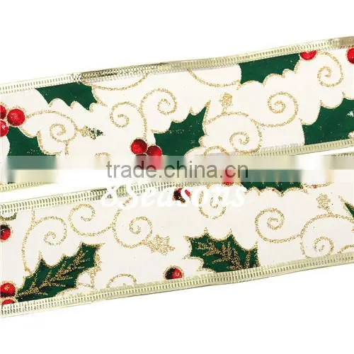 Yellow Golden Tree Pattern Organza Ribbon For Christmas Decoration 5.0cm