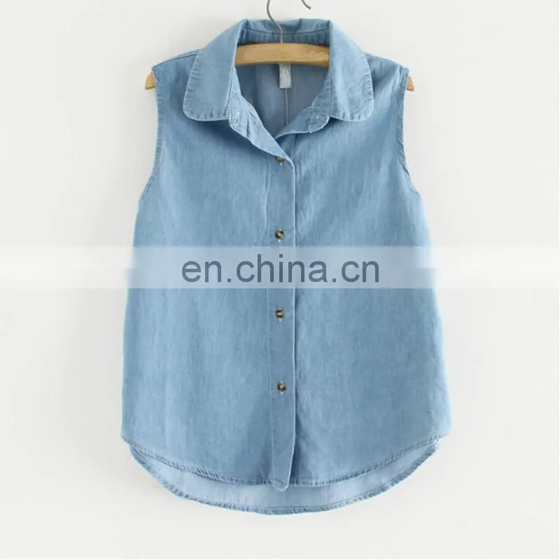 Women solid color lapel sleeveless denim shirt plus size clothing