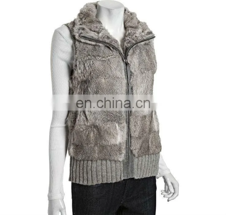 cutting genuine rabbit fur knit,zip front vest /dyed gray