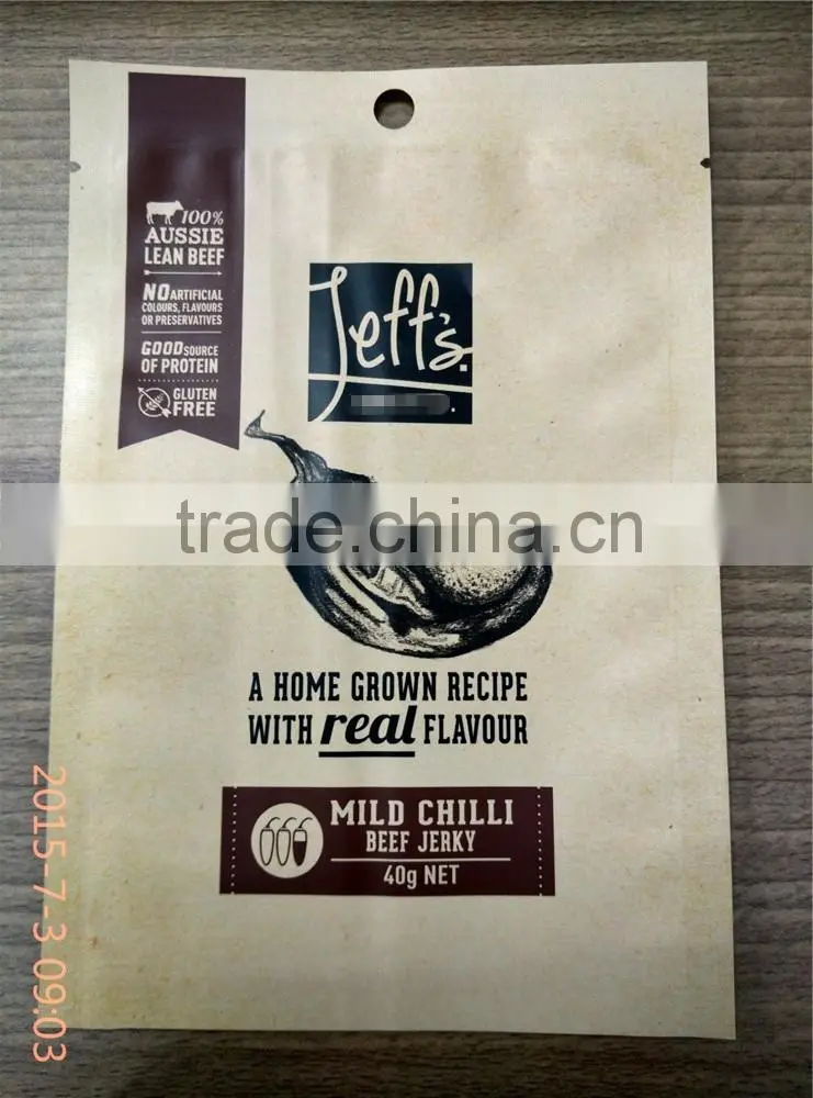 three side sealed paper craft lamination beef jerky packaging bags
