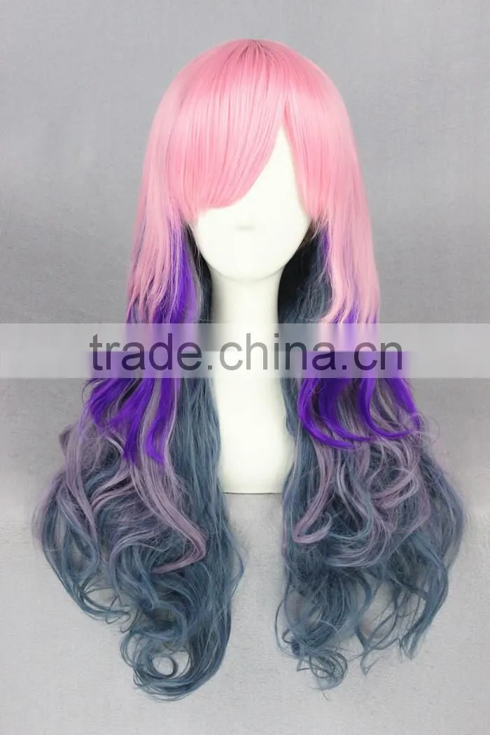 cheap beauty long 70cm colorful pink purple Gary wave cosplay Lolita women party wig
