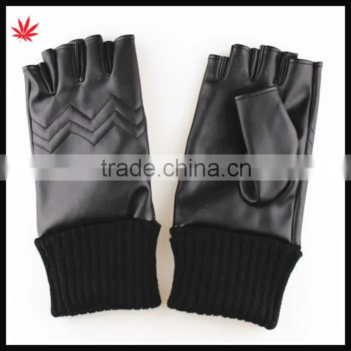 2015 Fashion knitted ending fingerless PU gloves for autumn