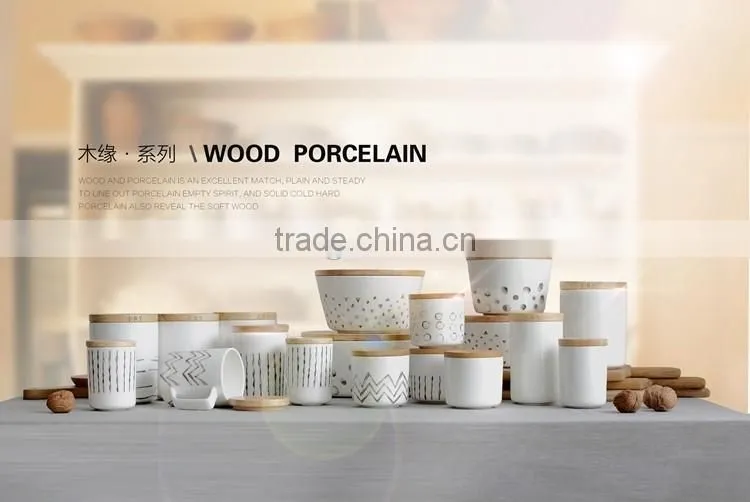 customized household porcelain candle jars with wooden lid