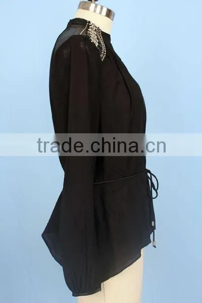 2016 women wear beaded shoulder chiffon long sleeve blouse tops blouse with waistband