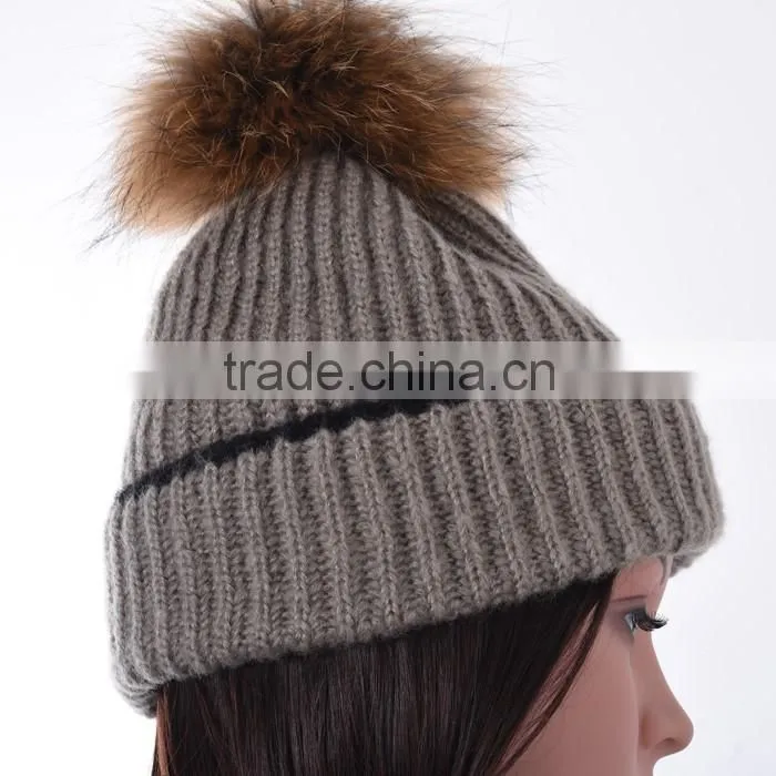 Women winter knitted hat raccoon with pompoms knit beanie hat KZ160049