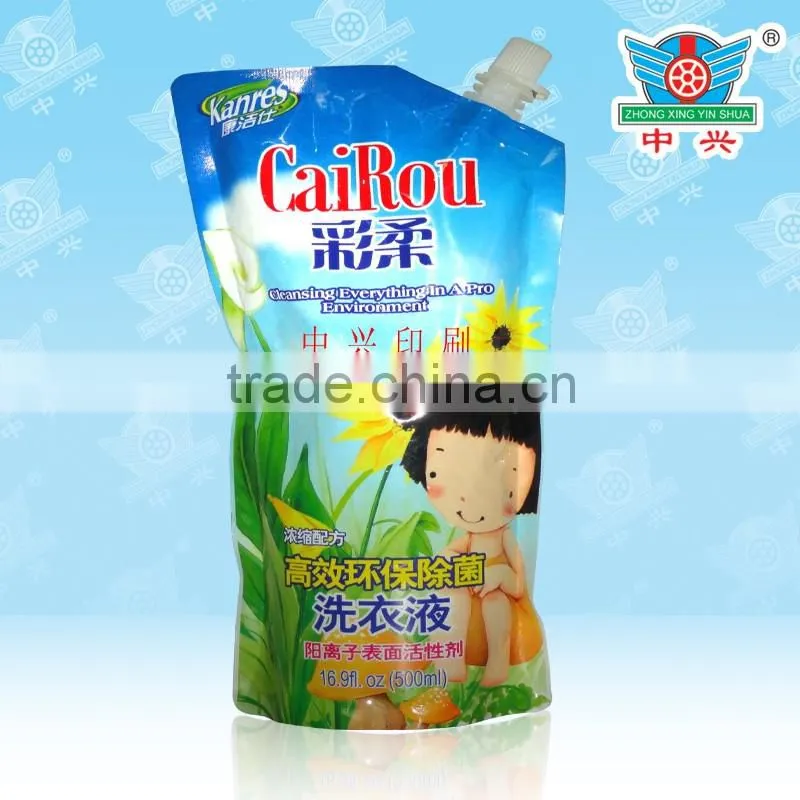 Shock resistant dishwashing liquid packaging,stand up pouch with spout,flexible plastic packaging