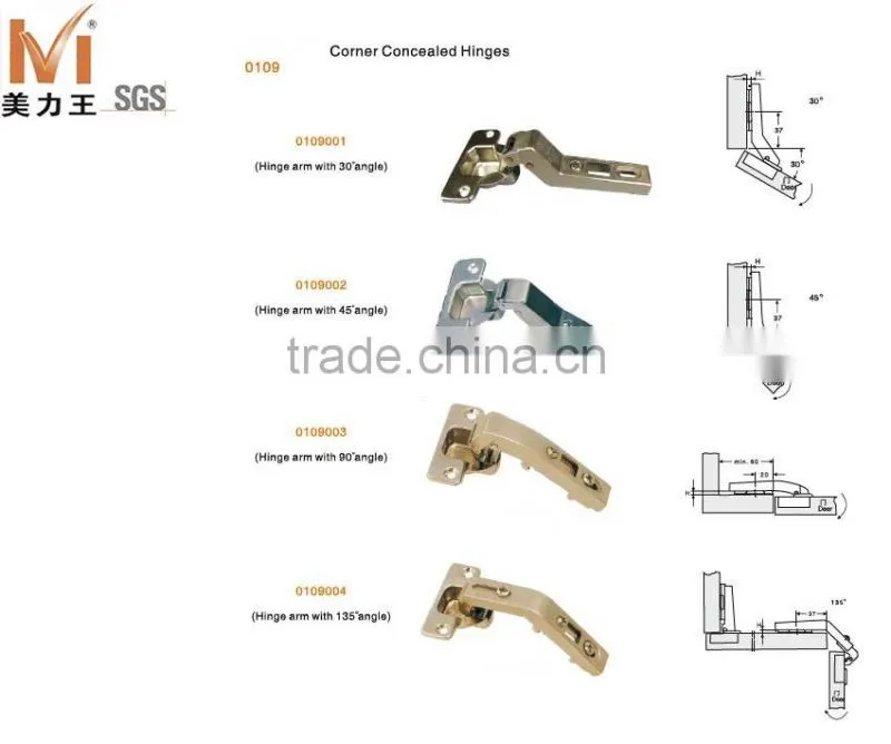 different angle degree corner concealed click on hinge hardware for cabinet door