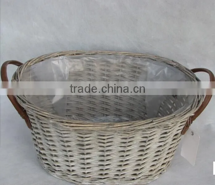 100%Handmade plastic lined grey wicker baskets for plants with leather handles