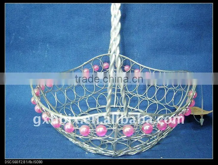 Silver round storage wire hanging basket frame decorative with red pearl
