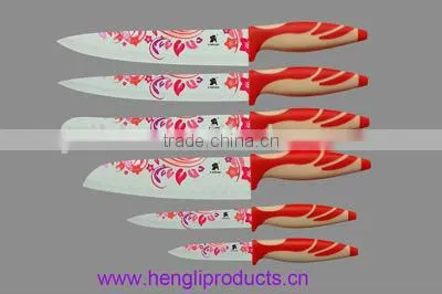 color non-stick coated blade kitchen knife set with acylic stand