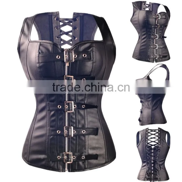 Wholesale Open Cup Front Zipper overbust real Leather Slimming Corsets