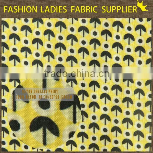 shaoxing textile high quality fashion print design for girls' dress,blouse,skirts,summer pants 100% rayon printed challis fabric