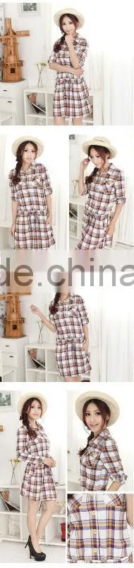 Womens big size White purple check long sleeve dress with two chest pockets and button up good-looking shirt