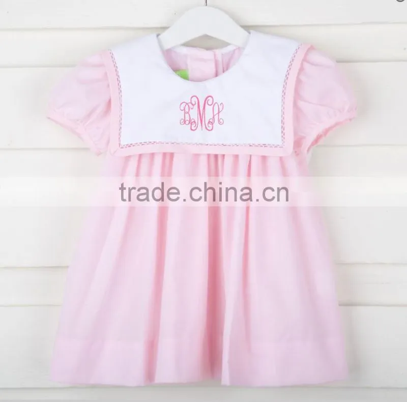 New style smocked O Neck Dress 2017 hot sale casual short sleeve button back baby dress for boutique kids clothing