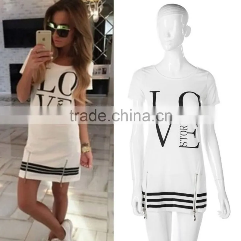 1PCS M-XL Women Love Letter Print O Neck Short Sleeve Zipper Long above Knee Straight Dress Summer Casual Dress Tops Blouse