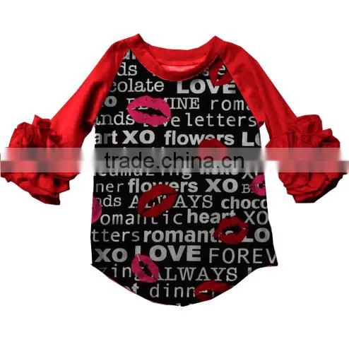 boyi latest designs fashion 3/4 sleeve cotton ruffle raglan top baby girls shirt fmily raglan shirt