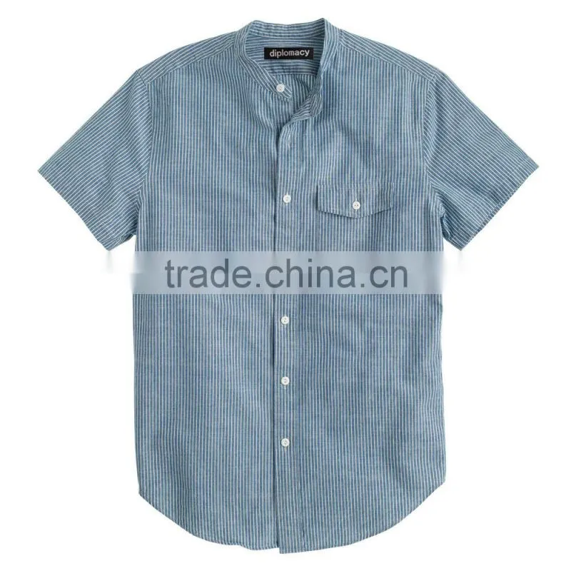 2015 classic fit short sleeve stand collar shirt in deep cove stripe classic design hot sell custom striped shirt