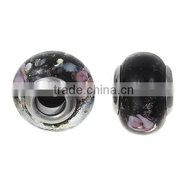 Lampwork Glass European Style Large Hole Beads Round Black Transparent Pink Flower With 304 Stainless Steel Silver Tone Core
